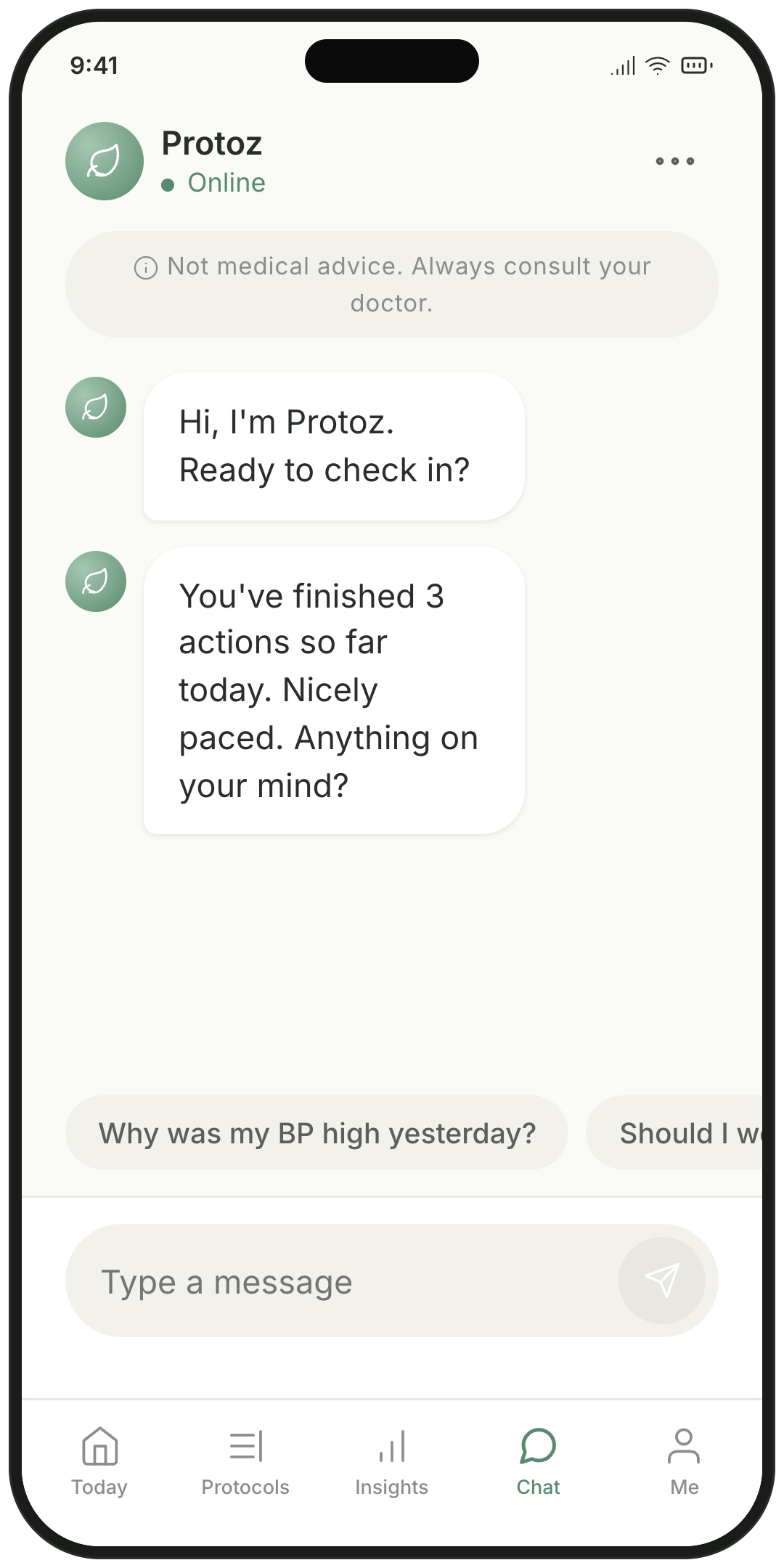 Protoz app — A companion that answers, privately on-device.