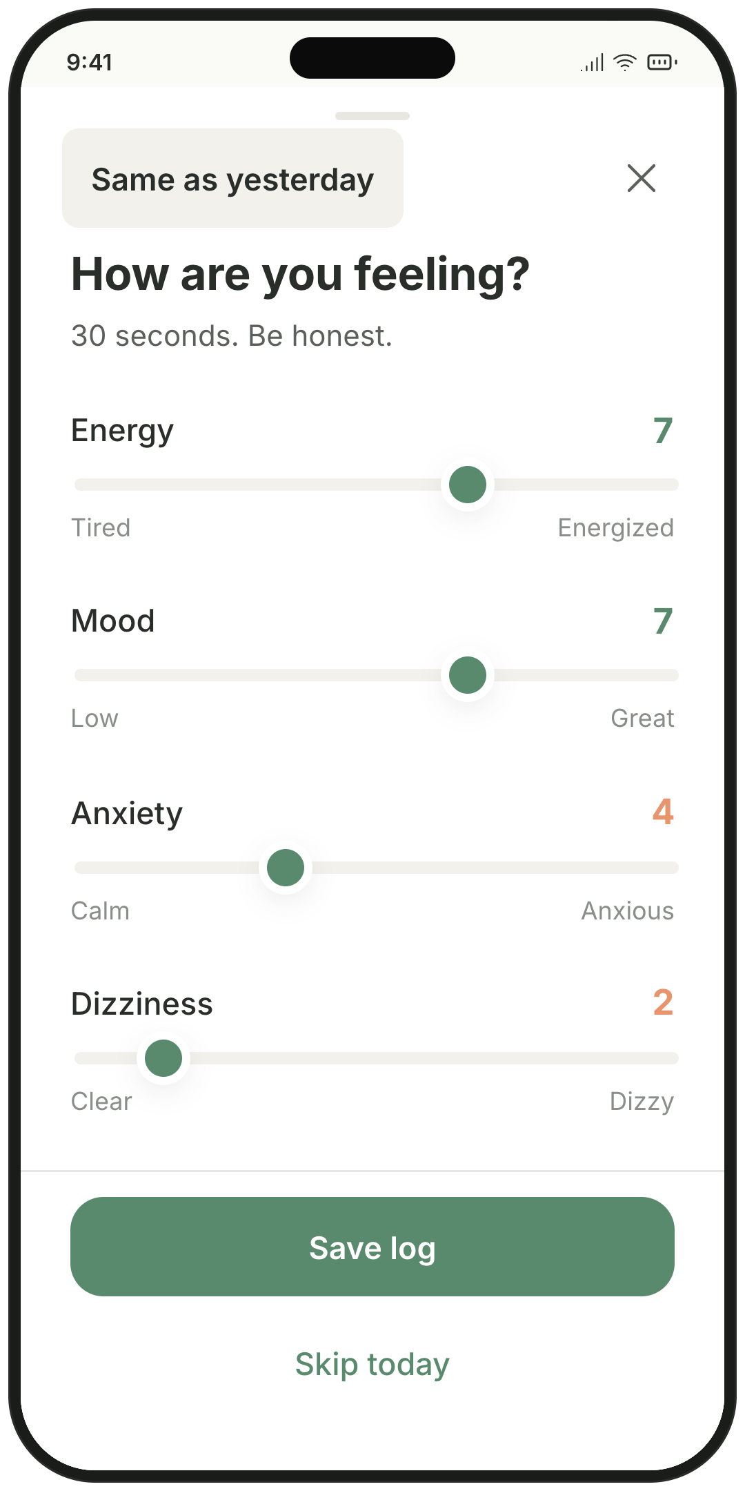 Protoz app — Log how you feel in just a few taps.